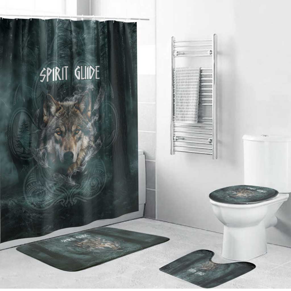 Spirit Guide Wolf Bathroom Set with Forest Background Tribal Paw Print with Nature Symbols Native American - Wonder Print Shop