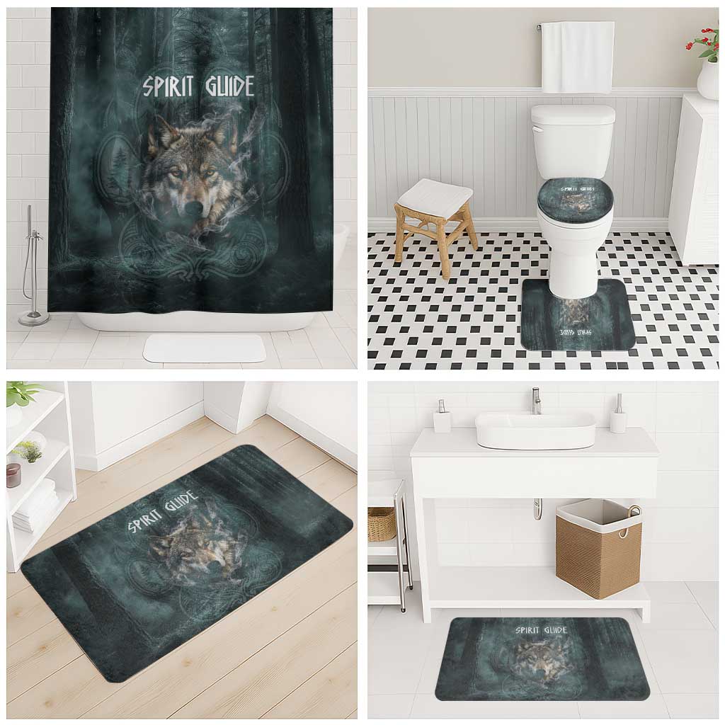 Spirit Guide Wolf Bathroom Set with Forest Background Tribal Paw Print with Nature Symbols Native American - Wonder Print Shop
