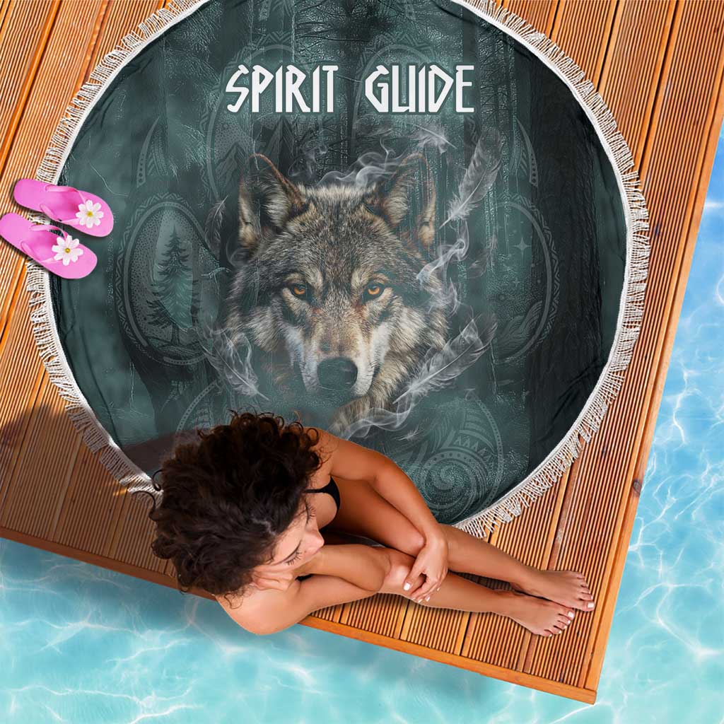 Spirit Guide Wolf Beach Blanket with Forest Background Tribal Paw Print with Nature Symbols Native American - Wonder Print Shop