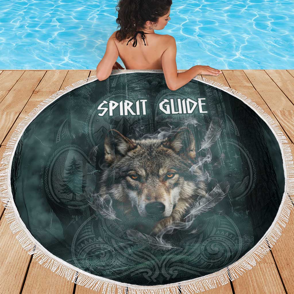Spirit Guide Wolf Beach Blanket with Forest Background Tribal Paw Print with Nature Symbols Native American - Wonder Print Shop