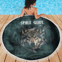 Spirit Guide Wolf Beach Blanket with Forest Background Tribal Paw Print with Nature Symbols Native American - Wonder Print Shop