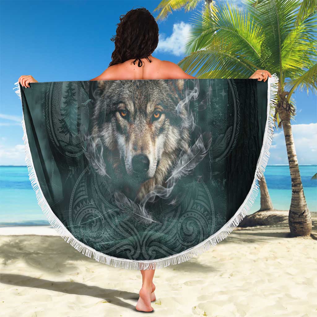 Spirit Guide Wolf Beach Blanket with Forest Background Tribal Paw Print with Nature Symbols Native American - Wonder Print Shop