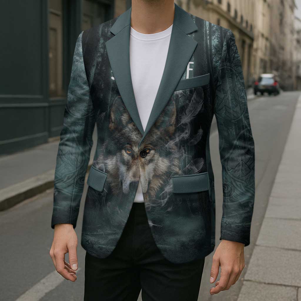 Spirit Guide Wolf Blazer with Forest Background Tribal Paw Print with Nature Symbols Native American - Wonder Print Shop
