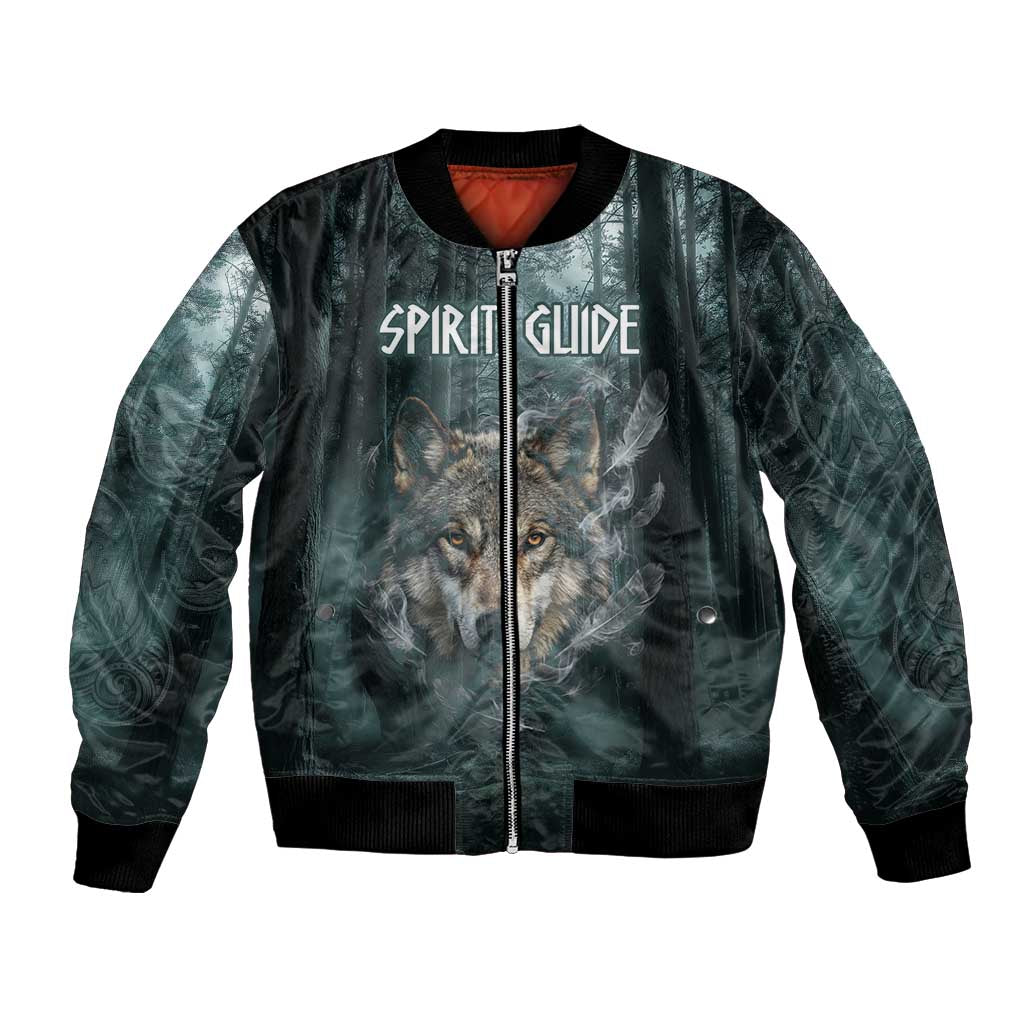Spirit Guide Wolf Bomber Jacket with Forest Background Tribal Paw Print with Nature Symbols Native American - Wonder Print Shop