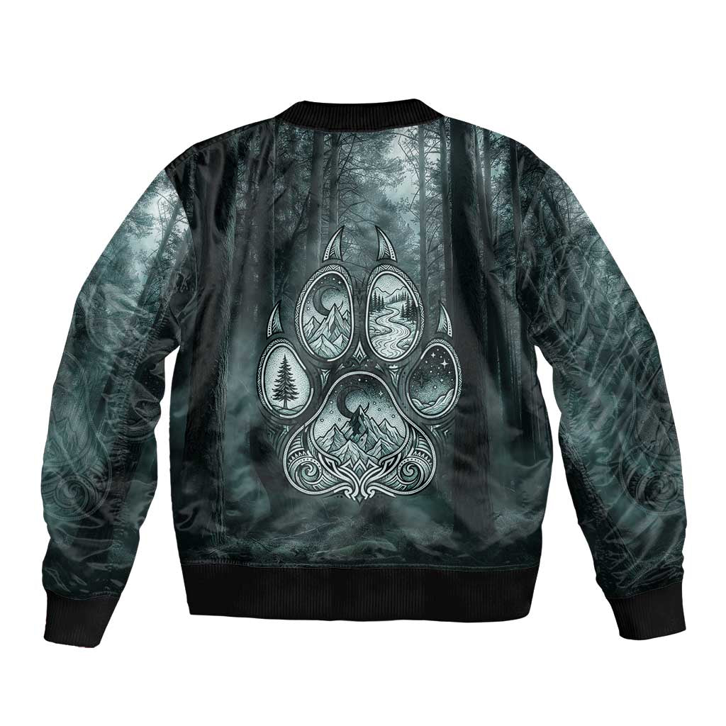 Spirit Guide Wolf Bomber Jacket with Forest Background Tribal Paw Print with Nature Symbols Native American - Wonder Print Shop