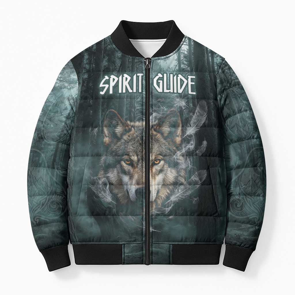 Spirit Guide Wolf Bomber Puffer Jacket with Forest Background Tribal Paw Print with Nature Symbols Native American - Wonder Print Shop