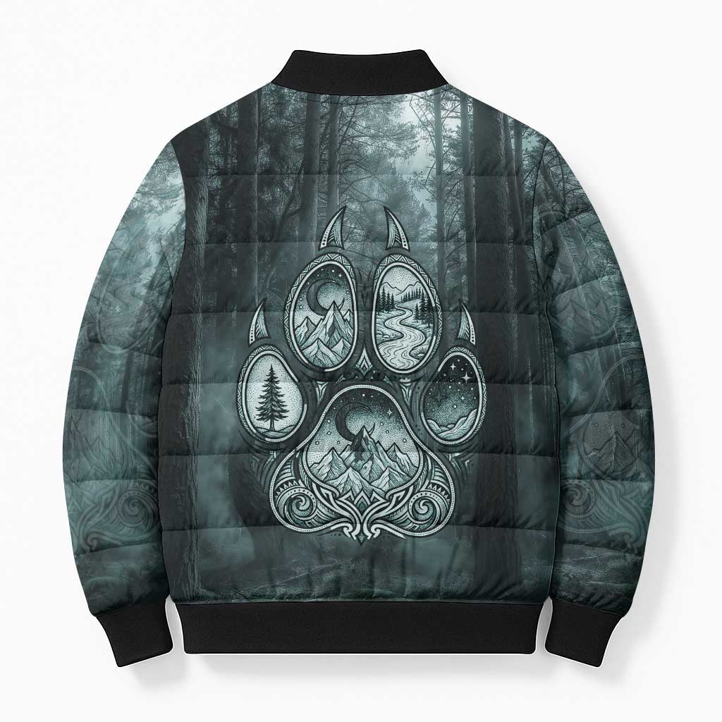 Spirit Guide Wolf Bomber Puffer Jacket with Forest Background Tribal Paw Print with Nature Symbols Native American - Wonder Print Shop