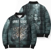 Spirit Guide Wolf Bomber Puffer Jacket with Forest Background Tribal Paw Print with Nature Symbols Native American - Wonder Print Shop