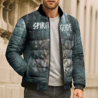 Spirit Guide Wolf Bomber Puffer Jacket with Forest Background Tribal Paw Print with Nature Symbols Native American - Wonder Print Shop