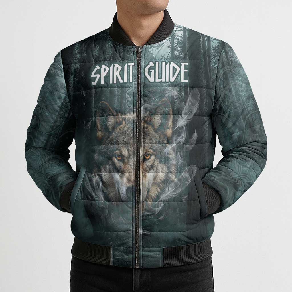 Spirit Guide Wolf Bomber Puffer Jacket with Forest Background Tribal Paw Print with Nature Symbols Native American - Wonder Print Shop