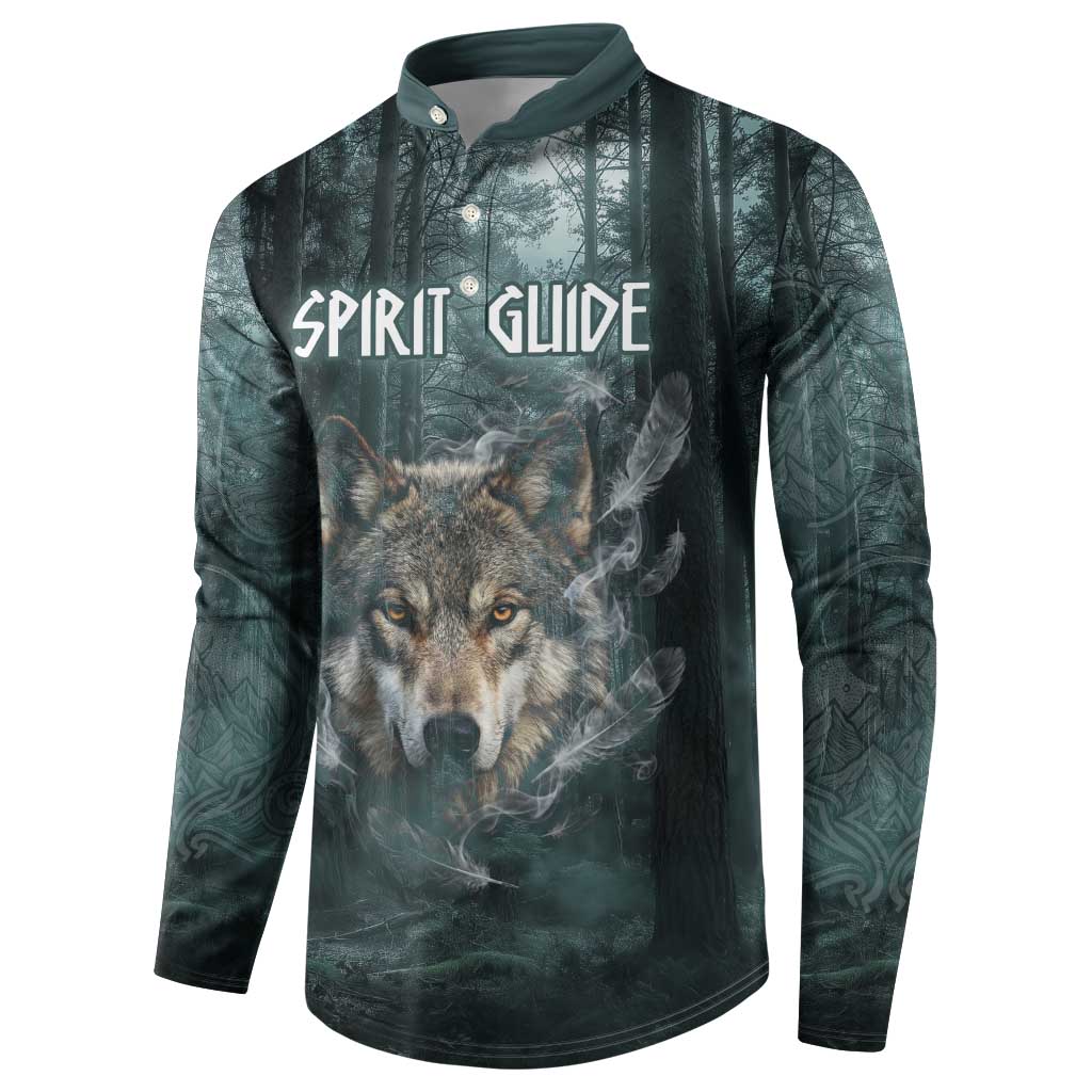 Spirit Guide Wolf Button Sweatshirt with Forest Background Tribal Paw Print with Nature Symbols Native American - Wonder Print Shop