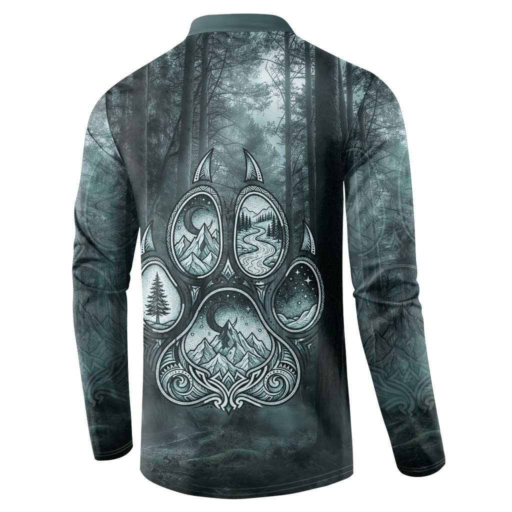 Spirit Guide Wolf Button Sweatshirt with Forest Background Tribal Paw Print with Nature Symbols Native American - Wonder Print Shop