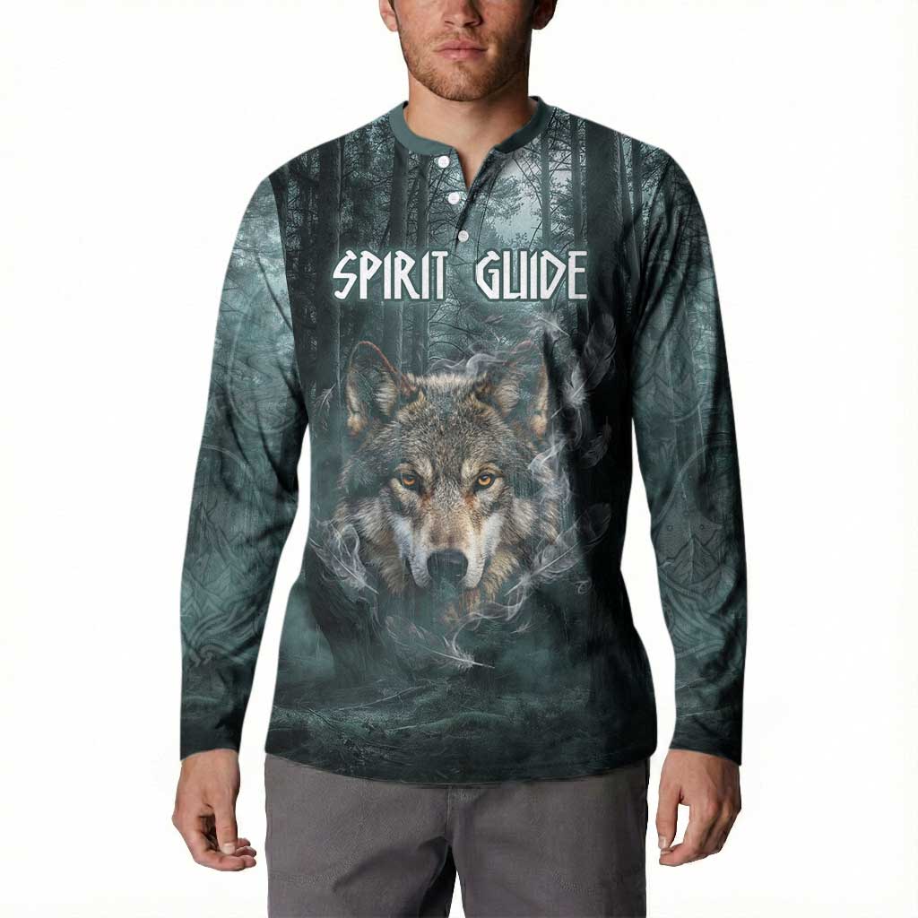 Spirit Guide Wolf Button Sweatshirt with Forest Background Tribal Paw Print with Nature Symbols Native American - Wonder Print Shop