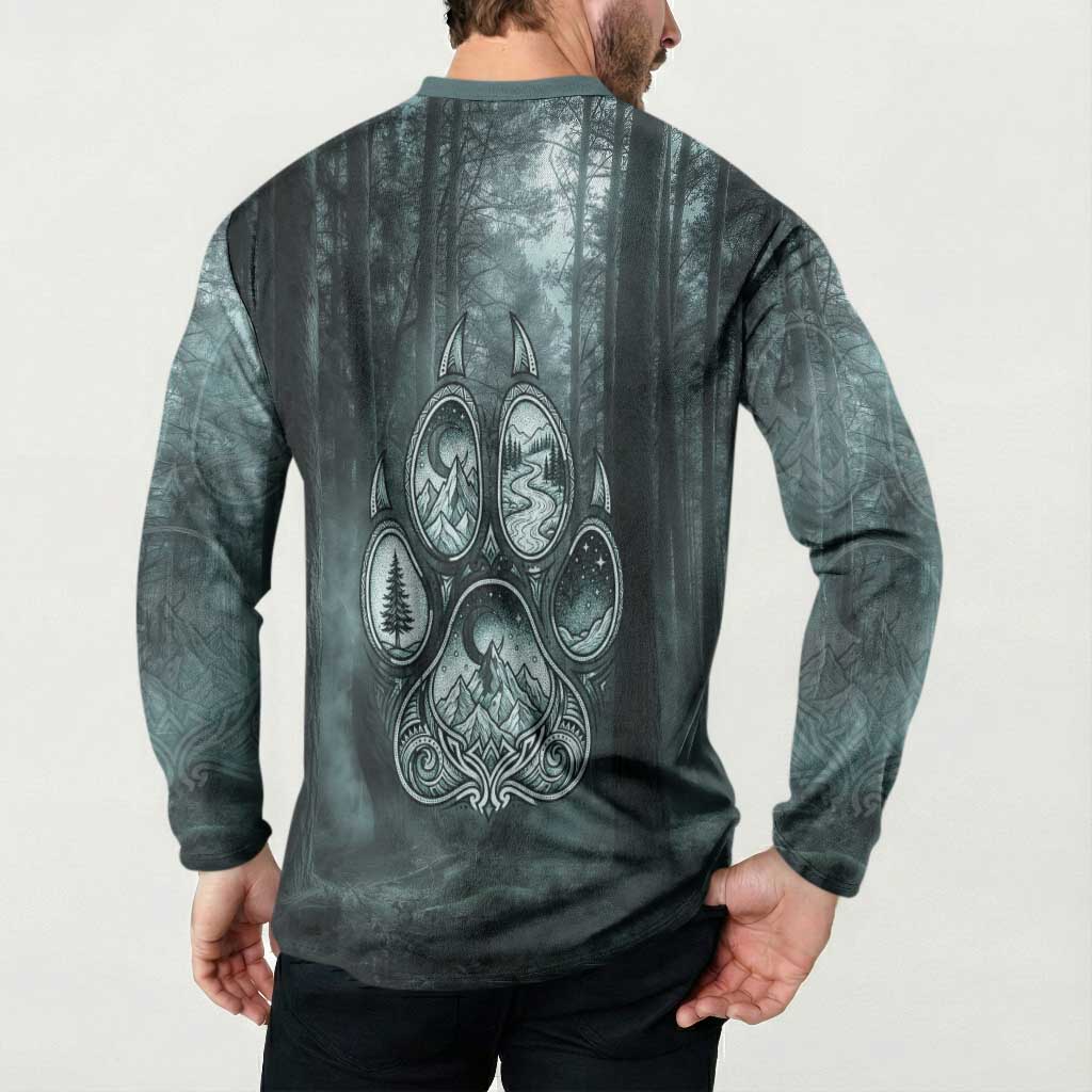 Spirit Guide Wolf Button Sweatshirt with Forest Background Tribal Paw Print with Nature Symbols Native American - Wonder Print Shop