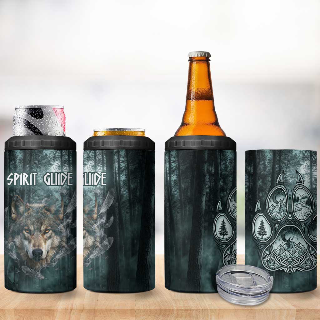 Spirit Guide Wolf 4 in 1 Can Cooler Tumbler with Forest Background Tribal Paw Print with Nature Symbols Native American - Wonder Print Shop