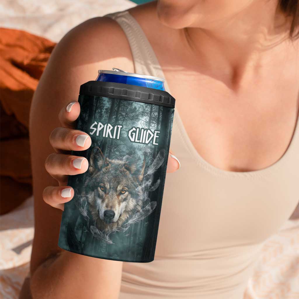 Spirit Guide Wolf 4 in 1 Can Cooler Tumbler with Forest Background Tribal Paw Print with Nature Symbols Native American - Wonder Print Shop