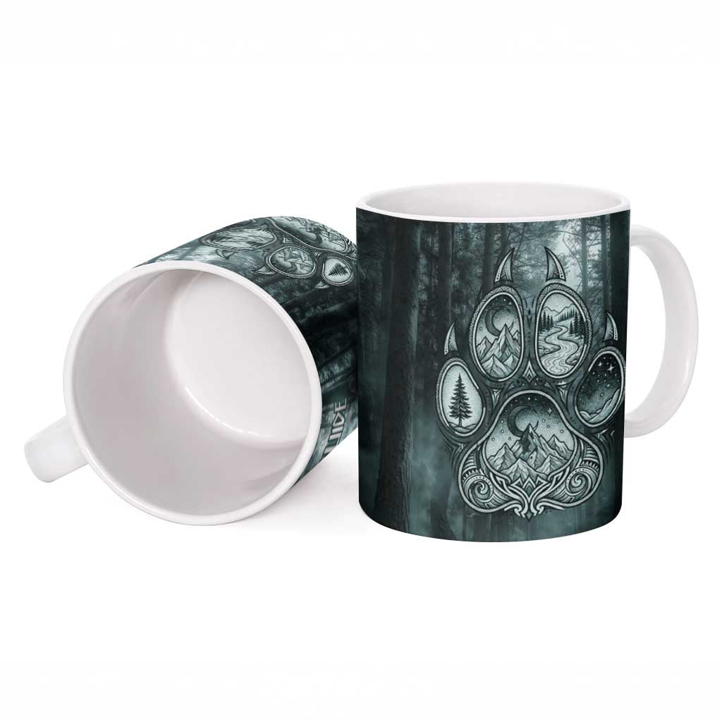 Spirit Guide Wolf Ceramic Mug with Forest Background Tribal Paw Print with Nature Symbols Native American - Wonder Print Shop