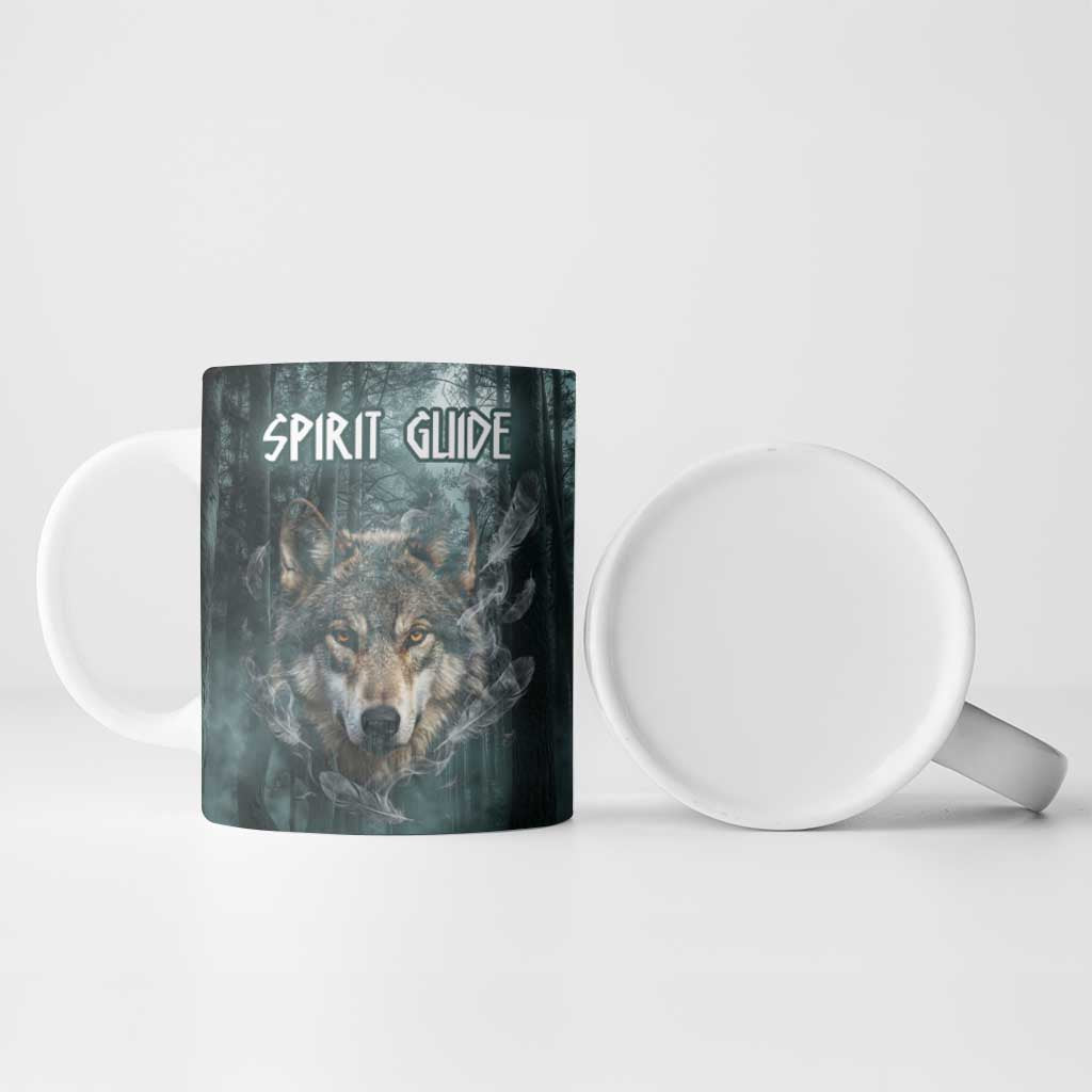 Spirit Guide Wolf Ceramic Mug with Forest Background Tribal Paw Print with Nature Symbols Native American - Wonder Print Shop