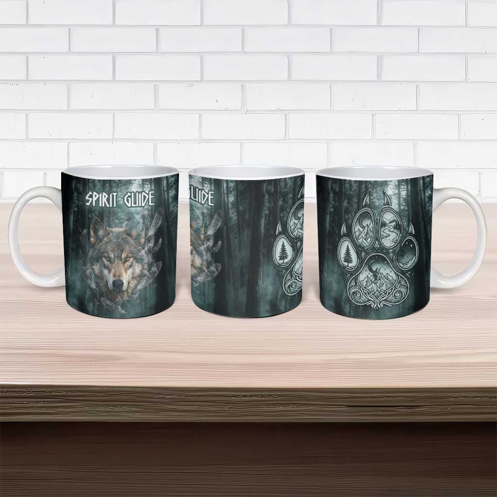 Spirit Guide Wolf Ceramic Mug with Forest Background Tribal Paw Print with Nature Symbols Native American - Wonder Print Shop