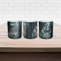 Spirit Guide Wolf Ceramic Mug with Forest Background Tribal Paw Print with Nature Symbols Native American - Wonder Print Shop