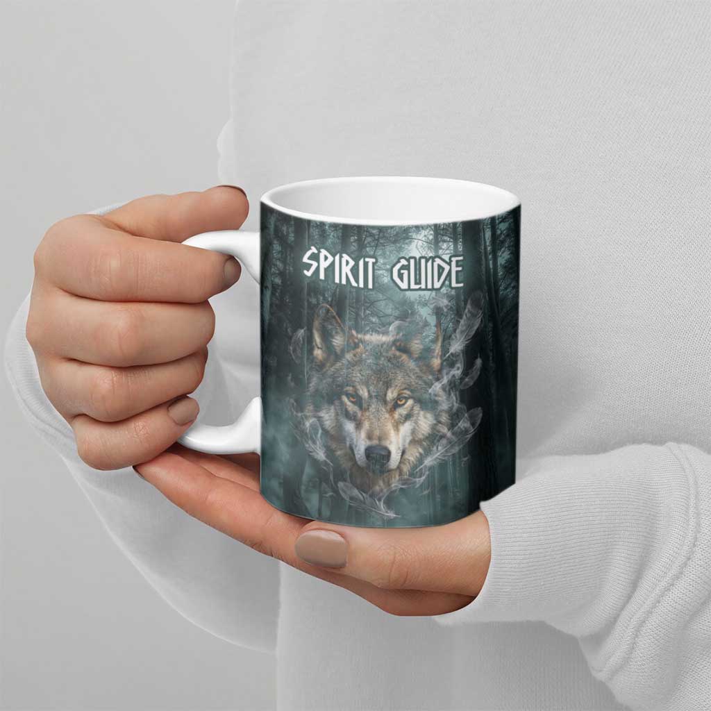 Spirit Guide Wolf Ceramic Mug with Forest Background Tribal Paw Print with Nature Symbols Native American - Wonder Print Shop
