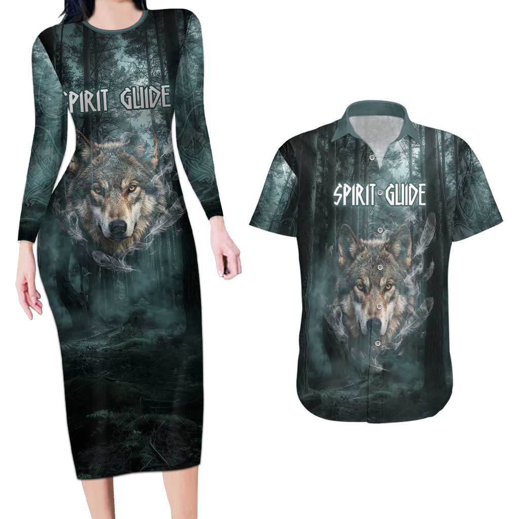 Spirit Guide Wolf Couples Matching Long Sleeve Bodycon Dress and Hawaiian Shirt with Forest Background Tribal Paw Print with Nature Symbols Native American - Wonder Print Shop