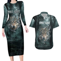 Spirit Guide Wolf Couples Matching Long Sleeve Bodycon Dress and Hawaiian Shirt with Forest Background Tribal Paw Print with Nature Symbols Native American - Wonder Print Shop