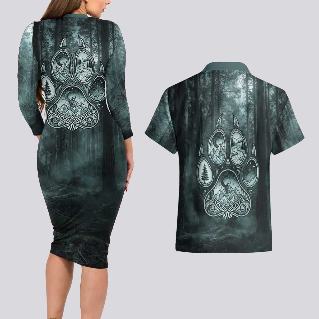 Spirit Guide Wolf Couples Matching Long Sleeve Bodycon Dress and Hawaiian Shirt with Forest Background Tribal Paw Print with Nature Symbols Native American - Wonder Print Shop