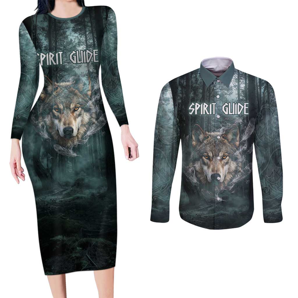 Spirit Guide Wolf Couples Matching Long Sleeve Bodycon Dress and Long Sleeve Button Shirt with Forest Background Tribal Paw Print with Nature Symbols Native American - Wonder Print Shop