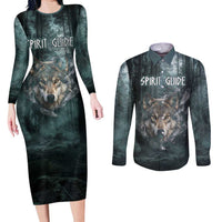 Spirit Guide Wolf Couples Matching Long Sleeve Bodycon Dress and Long Sleeve Button Shirt with Forest Background Tribal Paw Print with Nature Symbols Native American - Wonder Print Shop