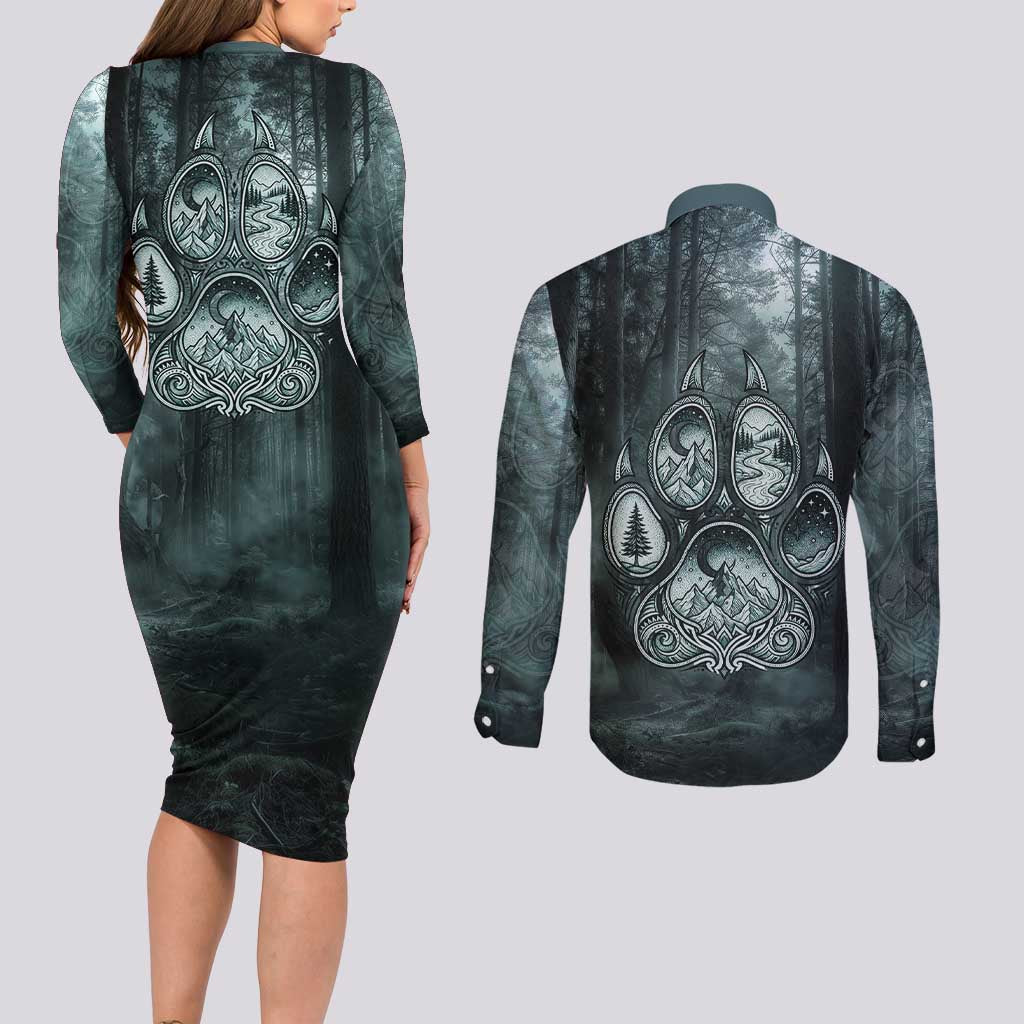 Spirit Guide Wolf Couples Matching Long Sleeve Bodycon Dress and Long Sleeve Button Shirt with Forest Background Tribal Paw Print with Nature Symbols Native American - Wonder Print Shop