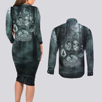 Spirit Guide Wolf Couples Matching Long Sleeve Bodycon Dress and Long Sleeve Button Shirt with Forest Background Tribal Paw Print with Nature Symbols Native American - Wonder Print Shop