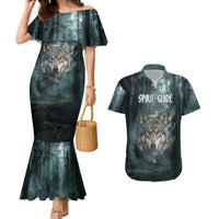 Spirit Guide Wolf Couples Matching Mermaid Dress and Hawaiian Shirt with Forest Background Tribal Paw Print with Nature Symbols Native American - Wonder Print Shop