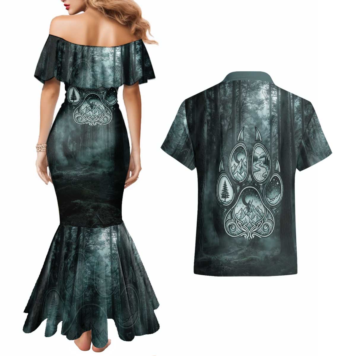 Spirit Guide Wolf Couples Matching Mermaid Dress and Hawaiian Shirt with Forest Background Tribal Paw Print with Nature Symbols Native American - Wonder Print Shop