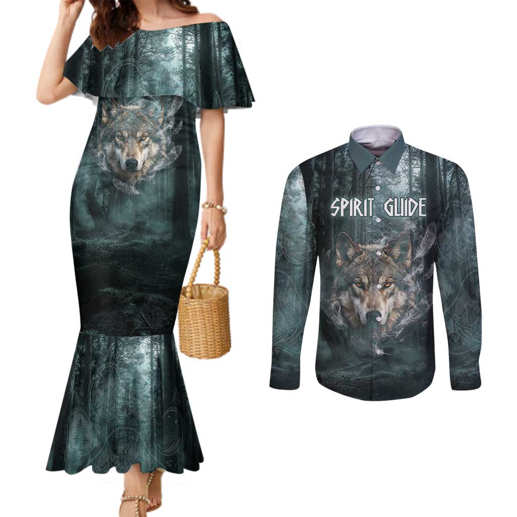 Spirit Guide Wolf Couples Matching Mermaid Dress and Long Sleeve Button Shirt with Forest Background Tribal Paw Print with Nature Symbols Native American - Wonder Print Shop