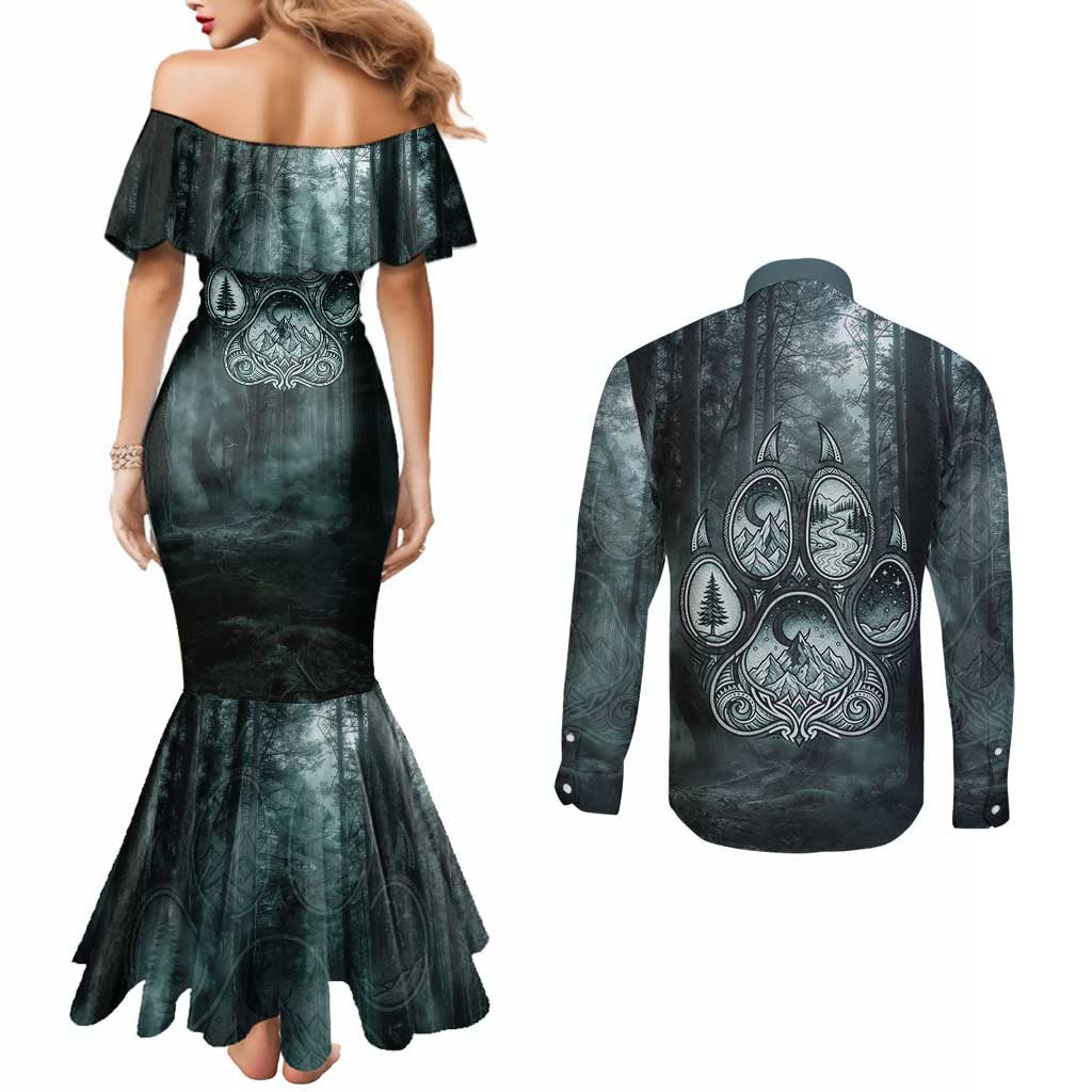 Spirit Guide Wolf Couples Matching Mermaid Dress and Long Sleeve Button Shirt with Forest Background Tribal Paw Print with Nature Symbols Native American - Wonder Print Shop