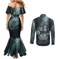 Spirit Guide Wolf Couples Matching Mermaid Dress and Long Sleeve Button Shirt with Forest Background Tribal Paw Print with Nature Symbols Native American - Wonder Print Shop