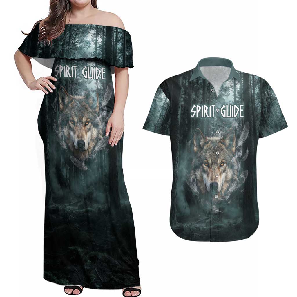 Spirit Guide Wolf Couples Matching Off Shoulder Maxi Dress and Hawaiian Shirt with Forest Background Tribal Paw Print with Nature Symbols Native American - Wonder Print Shop