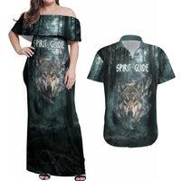Spirit Guide Wolf Couples Matching Off Shoulder Maxi Dress and Hawaiian Shirt with Forest Background Tribal Paw Print with Nature Symbols Native American - Wonder Print Shop