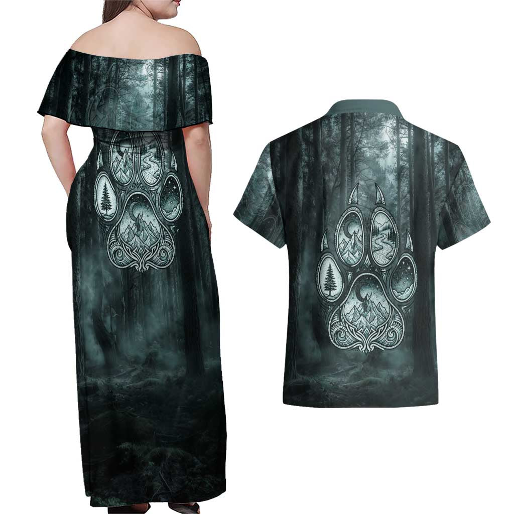 Spirit Guide Wolf Couples Matching Off Shoulder Maxi Dress and Hawaiian Shirt with Forest Background Tribal Paw Print with Nature Symbols Native American - Wonder Print Shop