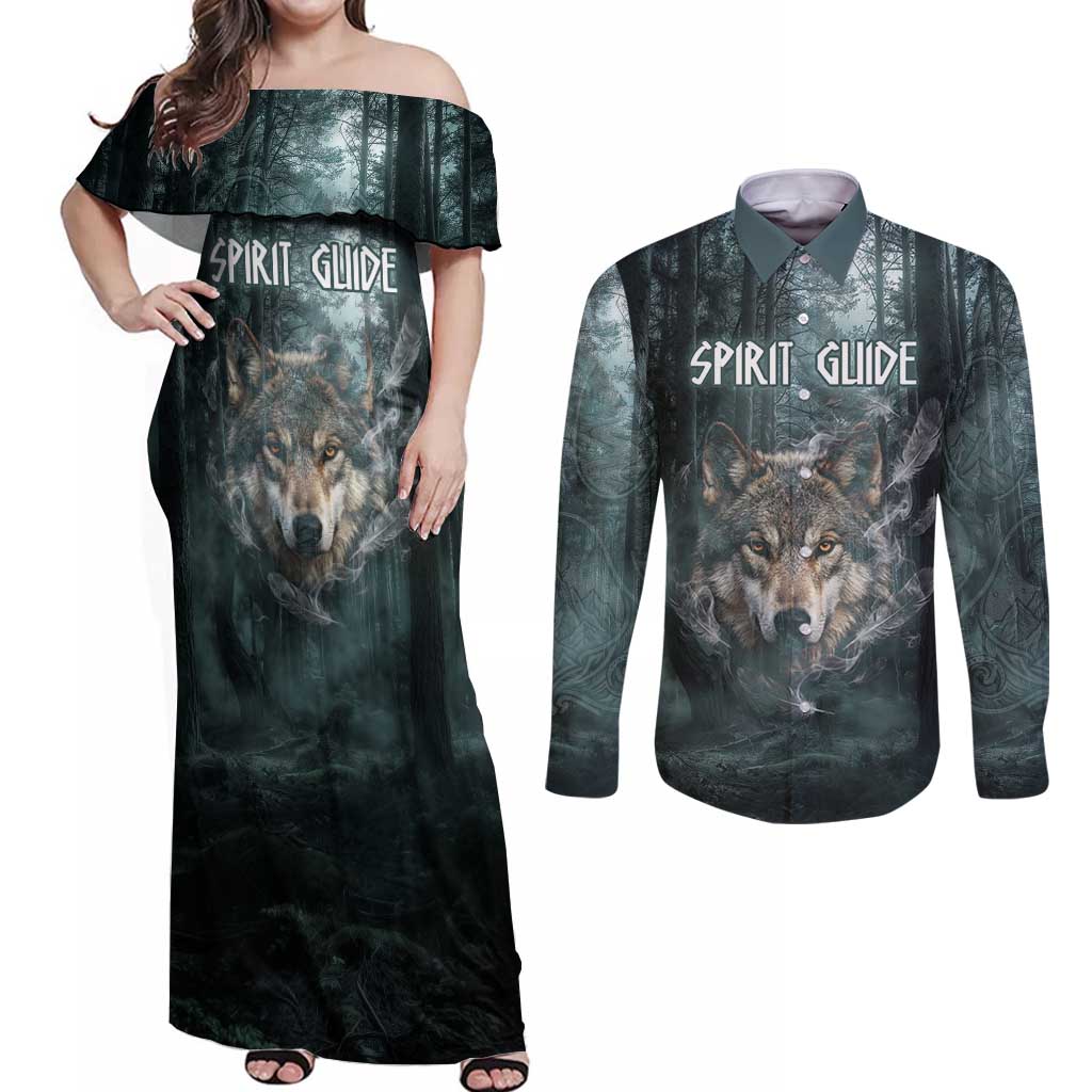 Spirit Guide Wolf Couples Matching Off Shoulder Maxi Dress and Long Sleeve Button Shirt with Forest Background Tribal Paw Print with Nature Symbols Native American - Wonder Print Shop