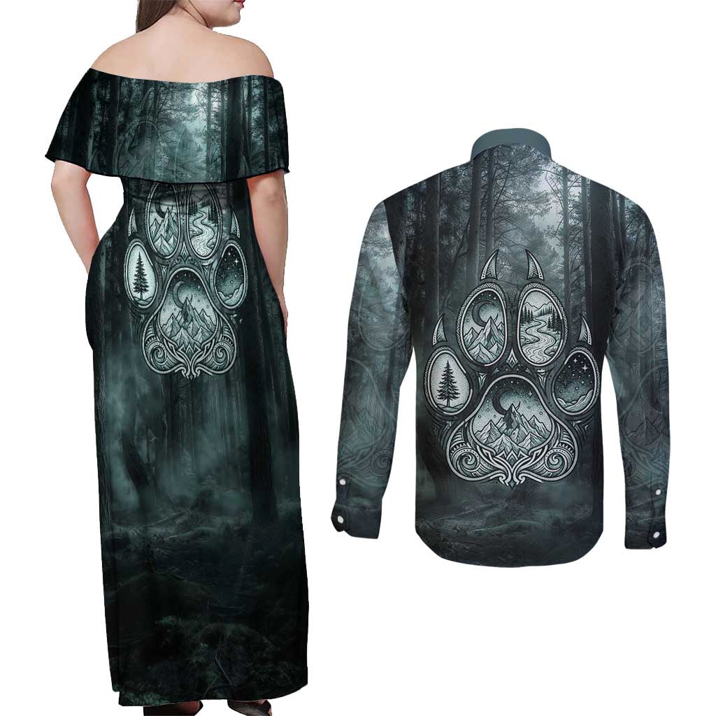 Spirit Guide Wolf Couples Matching Off Shoulder Maxi Dress and Long Sleeve Button Shirt with Forest Background Tribal Paw Print with Nature Symbols Native American - Wonder Print Shop