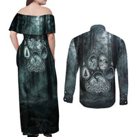 Spirit Guide Wolf Couples Matching Off Shoulder Maxi Dress and Long Sleeve Button Shirt with Forest Background Tribal Paw Print with Nature Symbols Native American - Wonder Print Shop