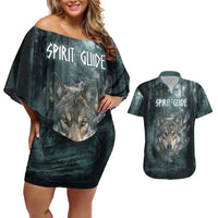 Spirit Guide Wolf Couples Matching Off Shoulder Short Dress and Hawaiian Shirt with Forest Background Tribal Paw Print with Nature Symbols Native American - Wonder Print Shop