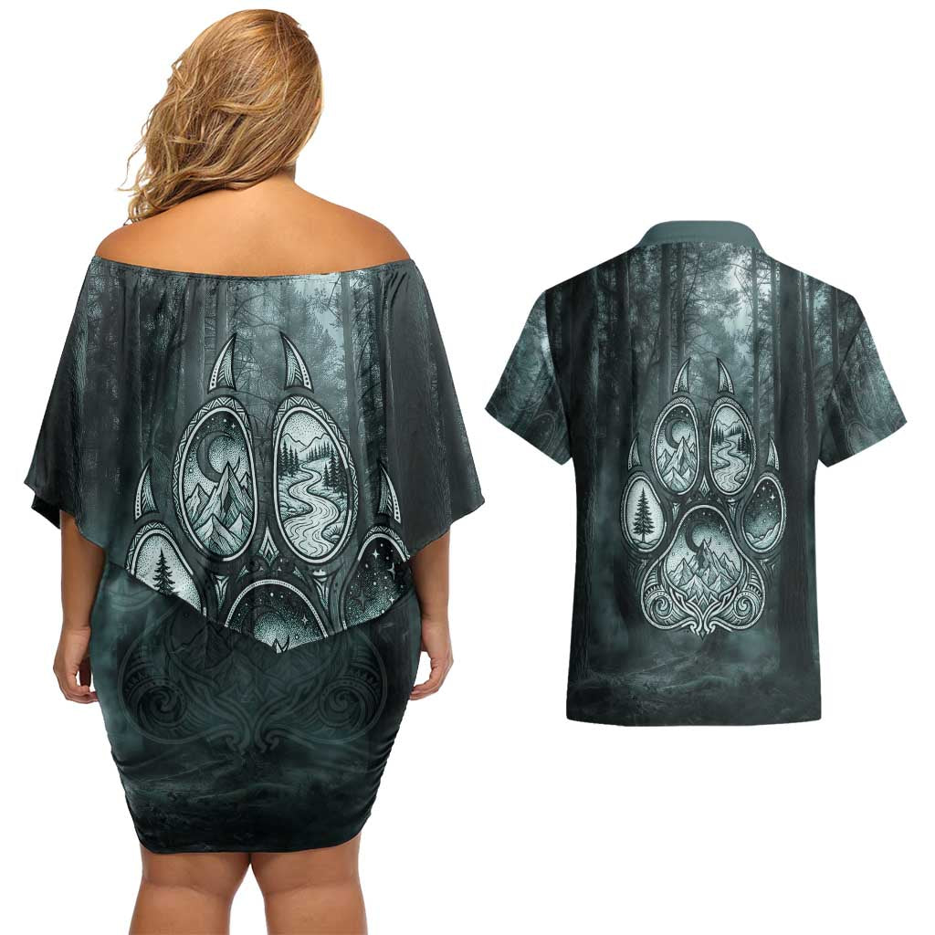 Spirit Guide Wolf Couples Matching Off Shoulder Short Dress and Hawaiian Shirt with Forest Background Tribal Paw Print with Nature Symbols Native American - Wonder Print Shop