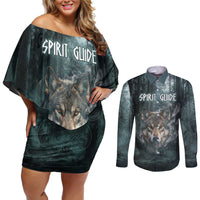 Spirit Guide Wolf Couples Matching Off Shoulder Short Dress and Long Sleeve Button Shirt with Forest Background Tribal Paw Print with Nature Symbols Native American - Wonder Print Shop