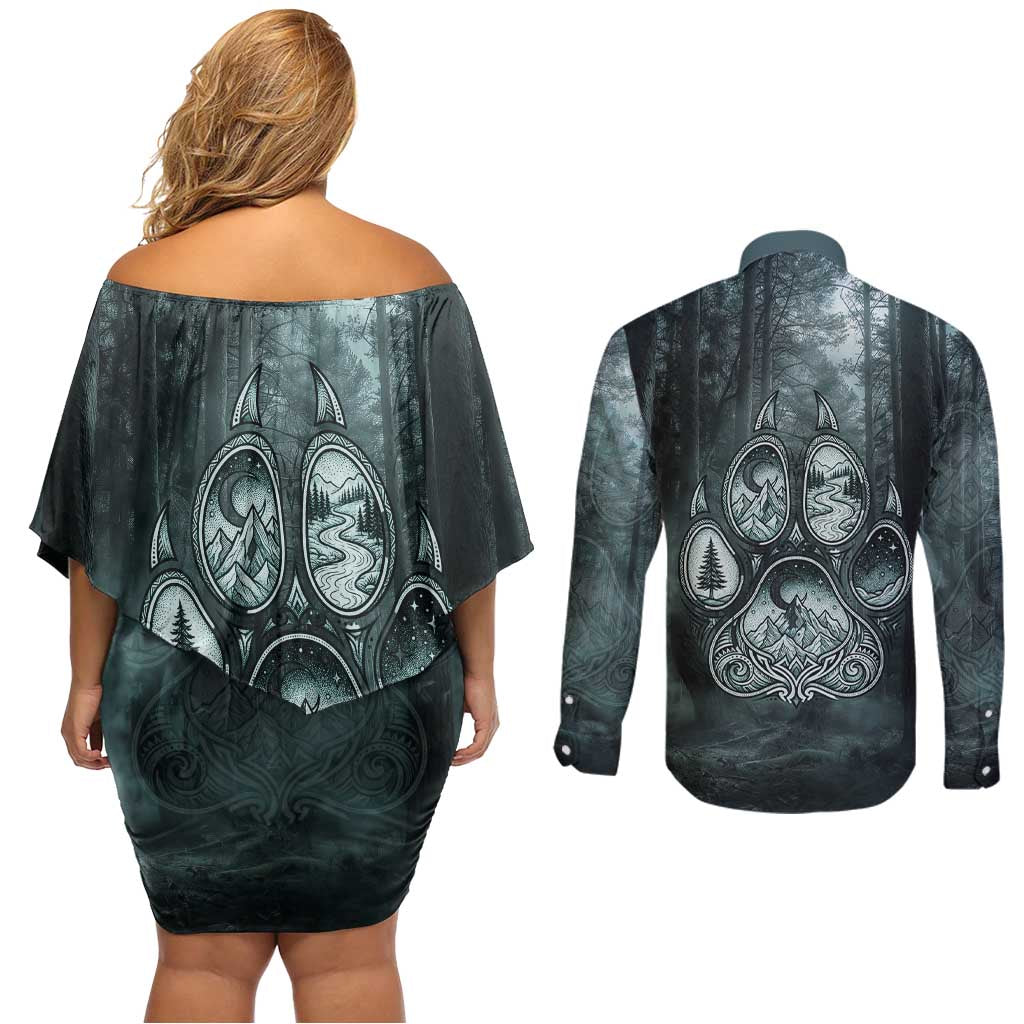 Spirit Guide Wolf Couples Matching Off Shoulder Short Dress and Long Sleeve Button Shirt with Forest Background Tribal Paw Print with Nature Symbols Native American - Wonder Print Shop