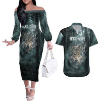 Spirit Guide Wolf Couples Matching Off The Shoulder Long Sleeve Dress and Hawaiian Shirt with Forest Background Tribal Paw Print with Nature Symbols Native American - Wonder Print Shop