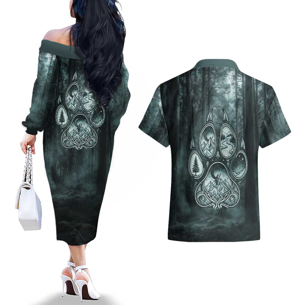 Spirit Guide Wolf Couples Matching Off The Shoulder Long Sleeve Dress and Hawaiian Shirt with Forest Background Tribal Paw Print with Nature Symbols Native American - Wonder Print Shop