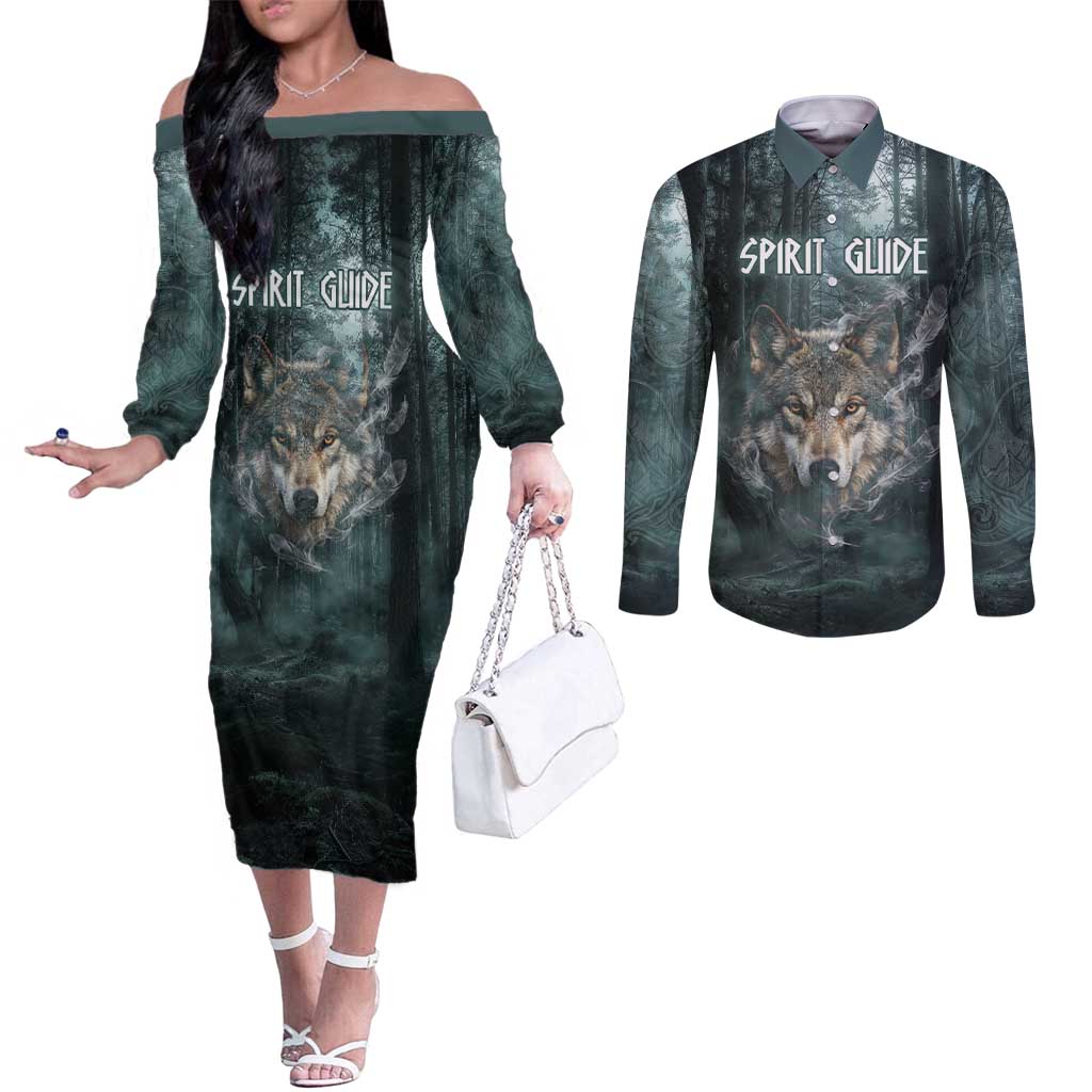 Spirit Guide Wolf Couples Matching Off The Shoulder Long Sleeve Dress and Long Sleeve Button Shirt with Forest Background Tribal Paw Print with Nature Symbols Native American - Wonder Print Shop